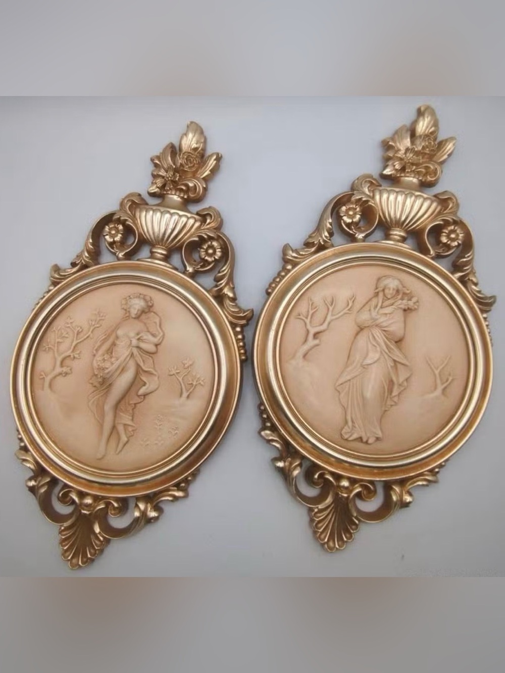 Ornate Gold Wall Plaques - Classical Female Reliefs (Pair)
